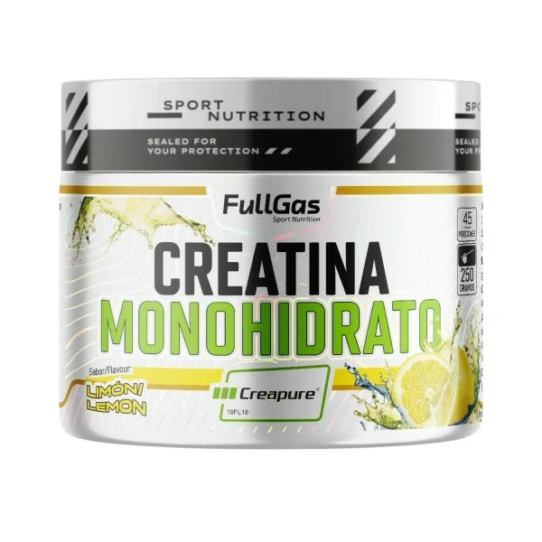 Creatina Monohidrato Creapure. 250gr. Limón. Vegano. Sin Gluten. Sin Lactosa